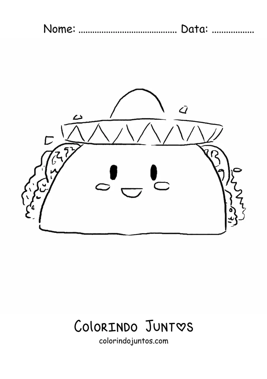 Desenho para colorir de um taco kawaii com um chapeu mexicano