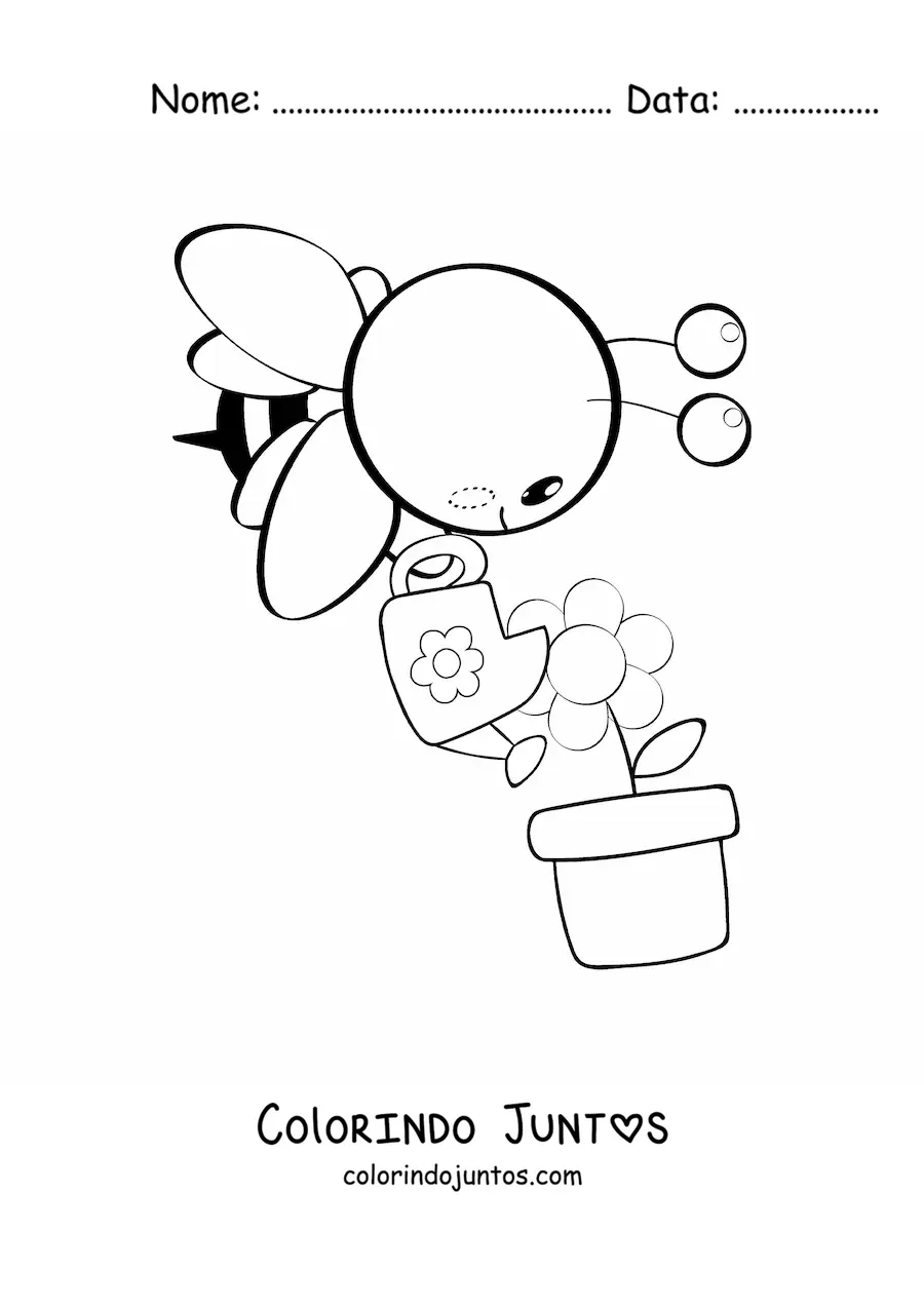 Desenho para colorir de abelha kawaii regando uma flor