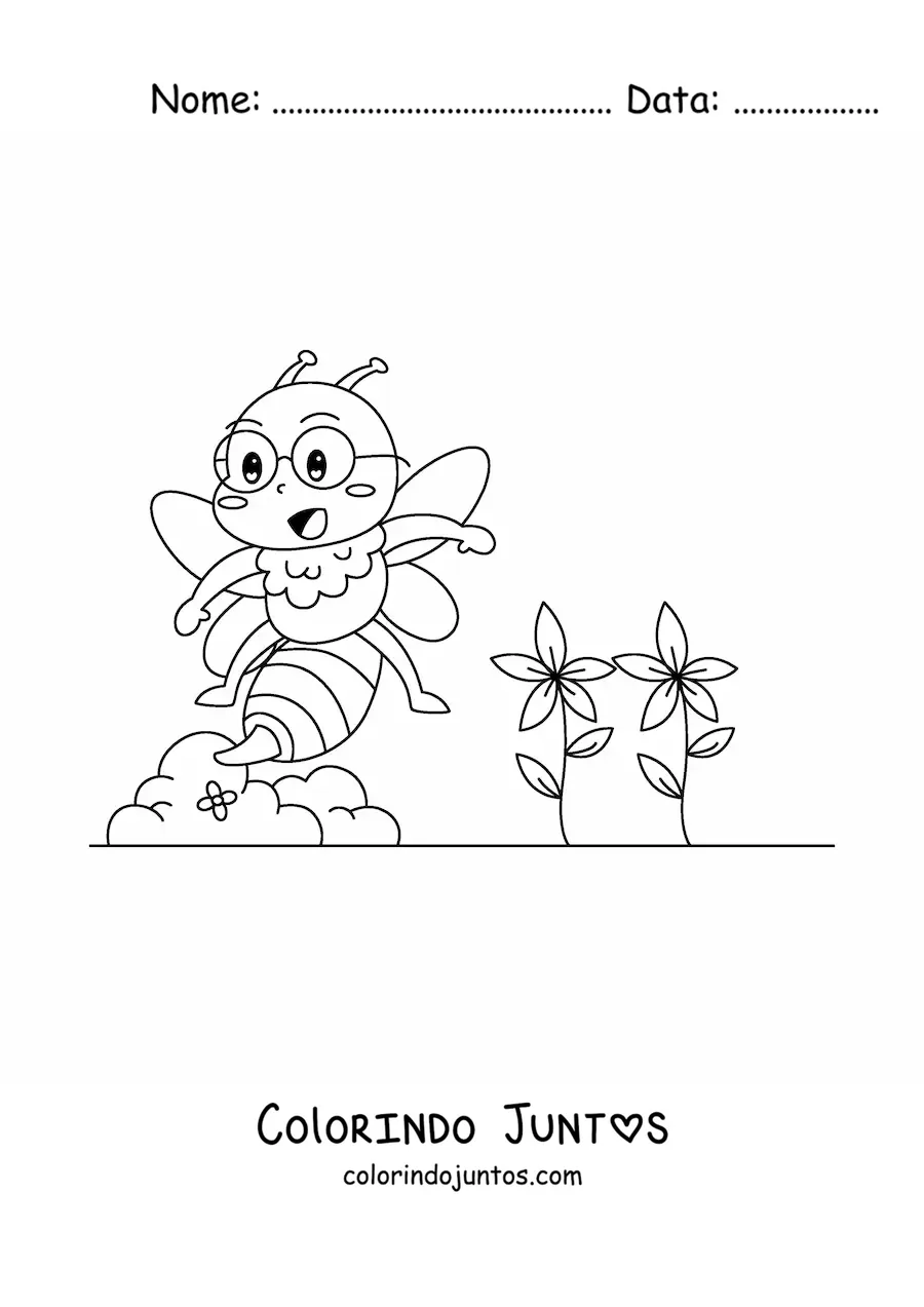 Desenho para colorir de abelha kawaii animada com flores