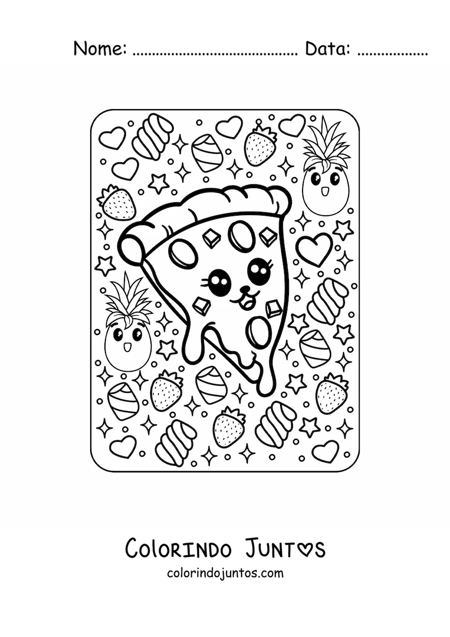 Desenho para colorir de pizza kawaii