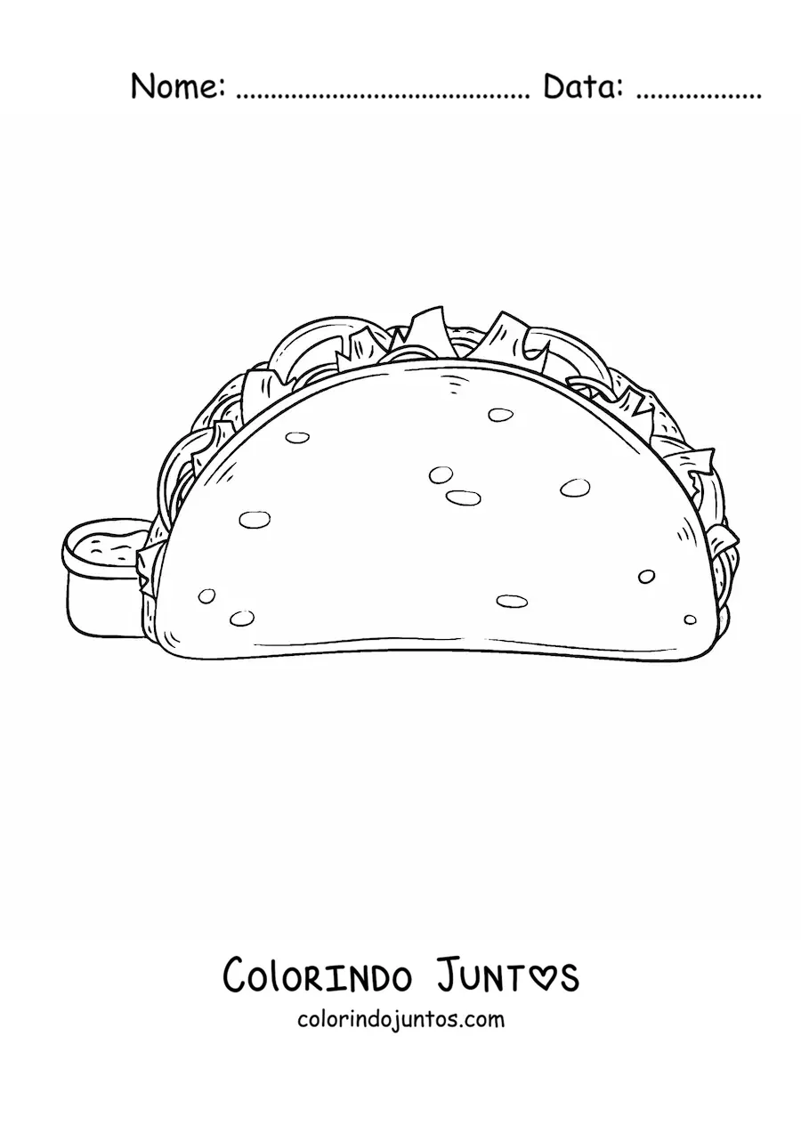 Desenho para colorir de um taco com guacamole
