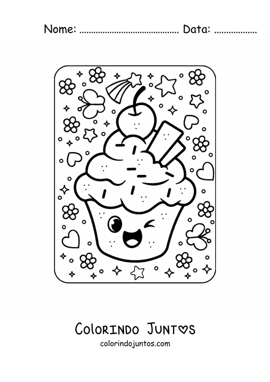 Desenho para colorir de cupcake kawaii