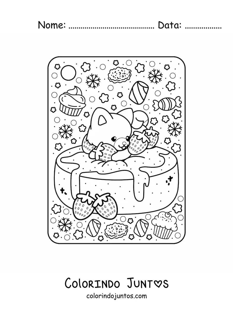 Desenho para colorir de bolo de morango com cachorro kawaii