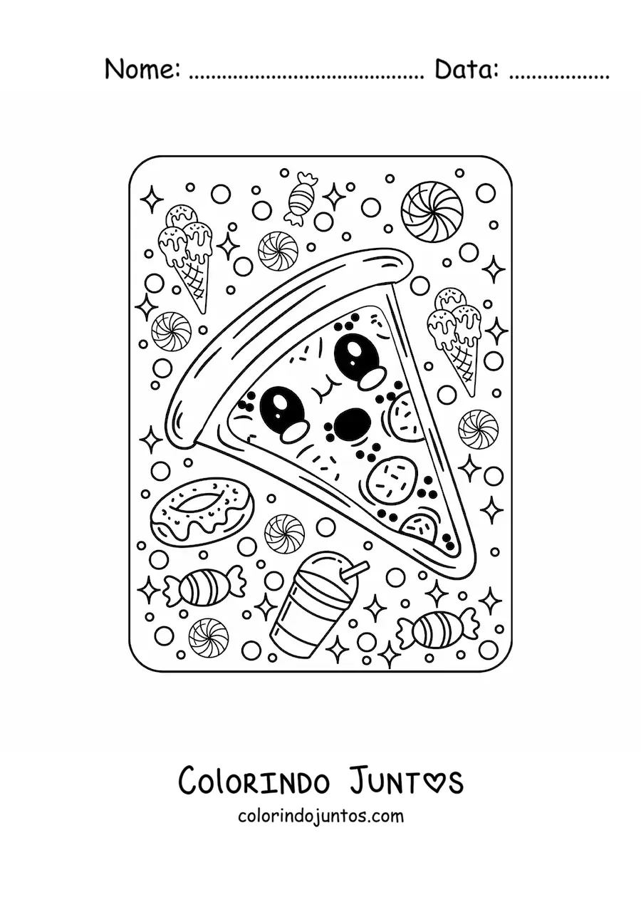 Desenho para colorir de fatia de pizza kawaii