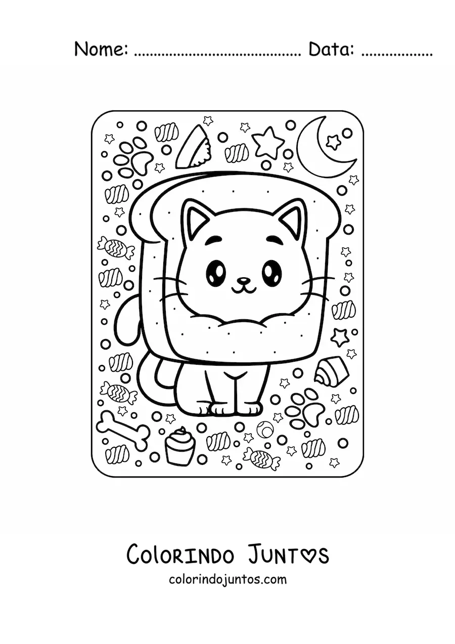 Desenho para colorir de gato com pão kawaii