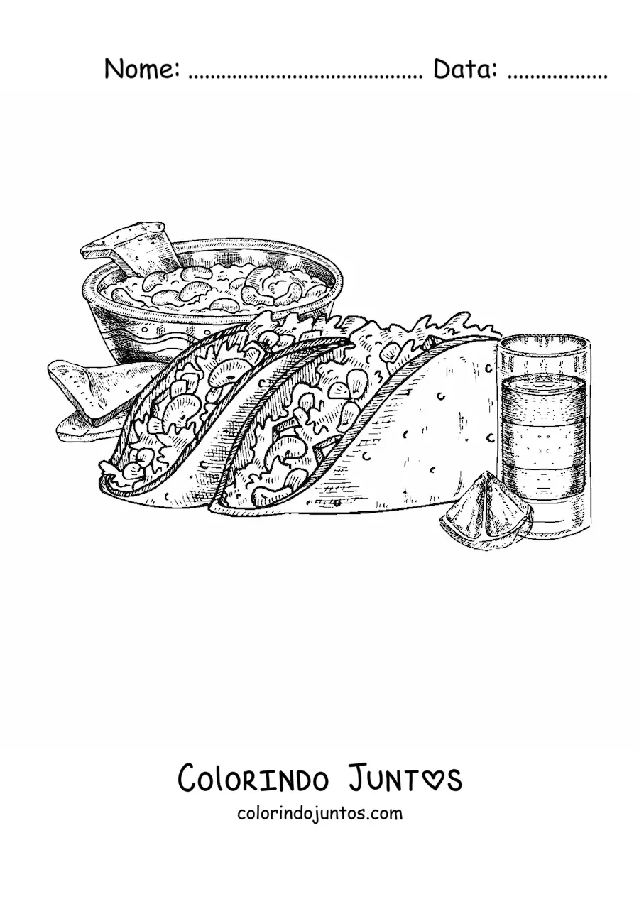 Desenho para colorir de dois tacos com um copo de tequila e nachos ao fundo
