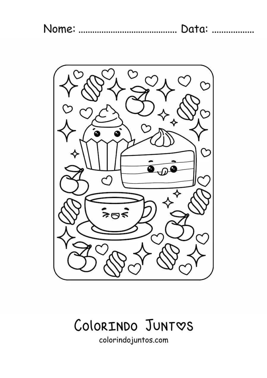 Desenho para colorir de cupcake e bolo doce com café kawaii