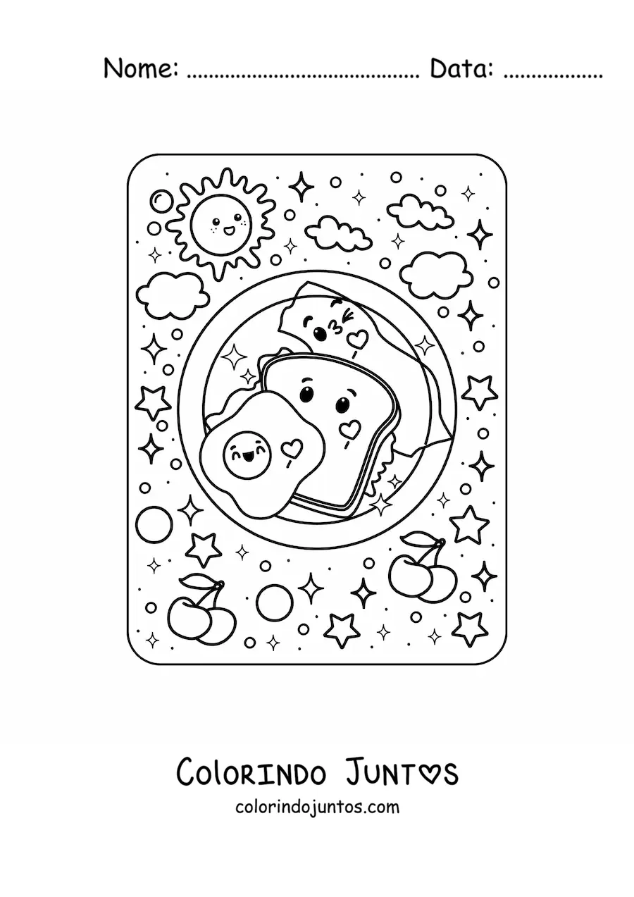 Desenho para colorir de café da manhã de sanduíche com ovo e bacon kawaii