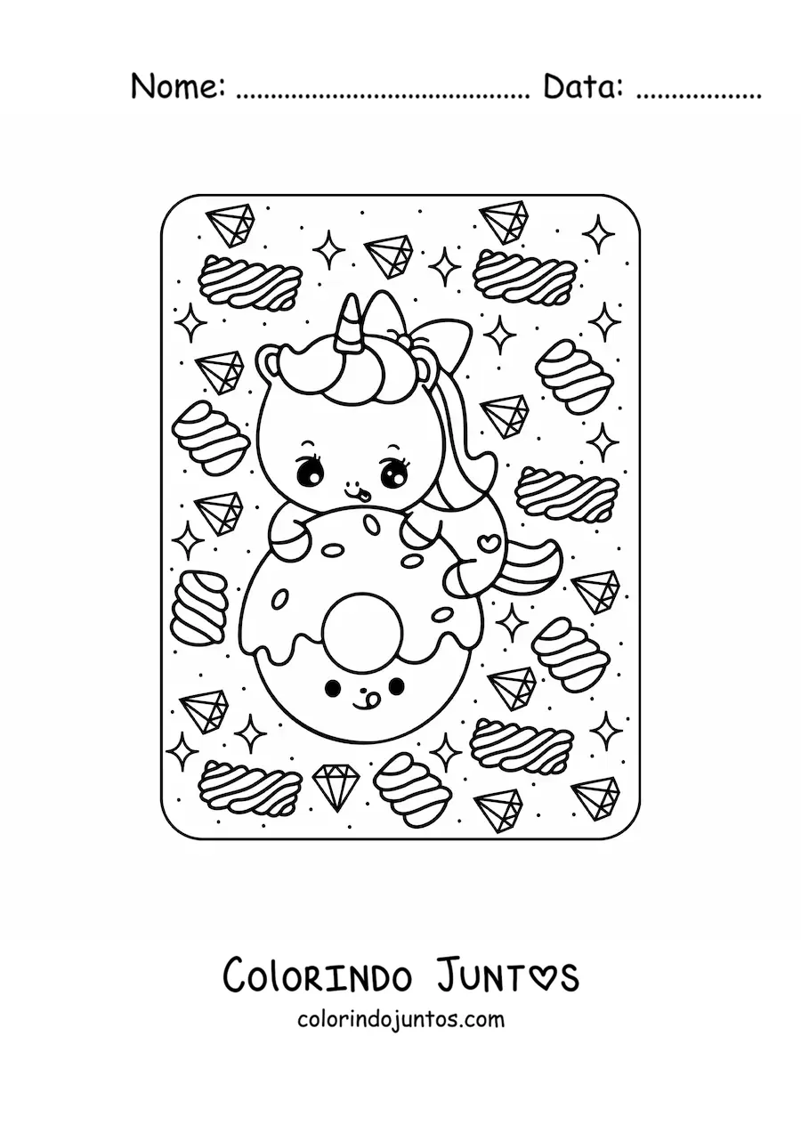 Desenho para colorir de unicórnio com rosquinha kawaii