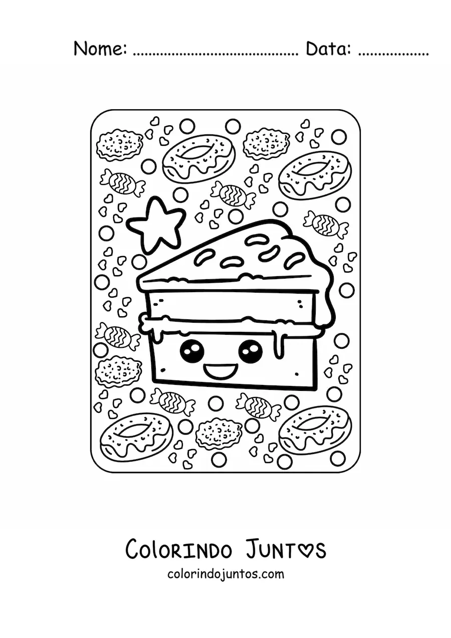 Desenho para colorir de fatia de bolo kawaii grande