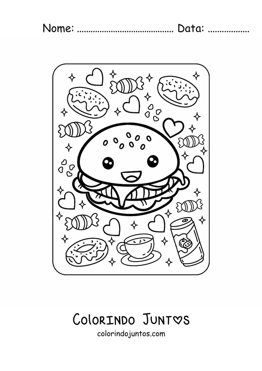 Desenho para colorir de hambúrguer kawaii grande