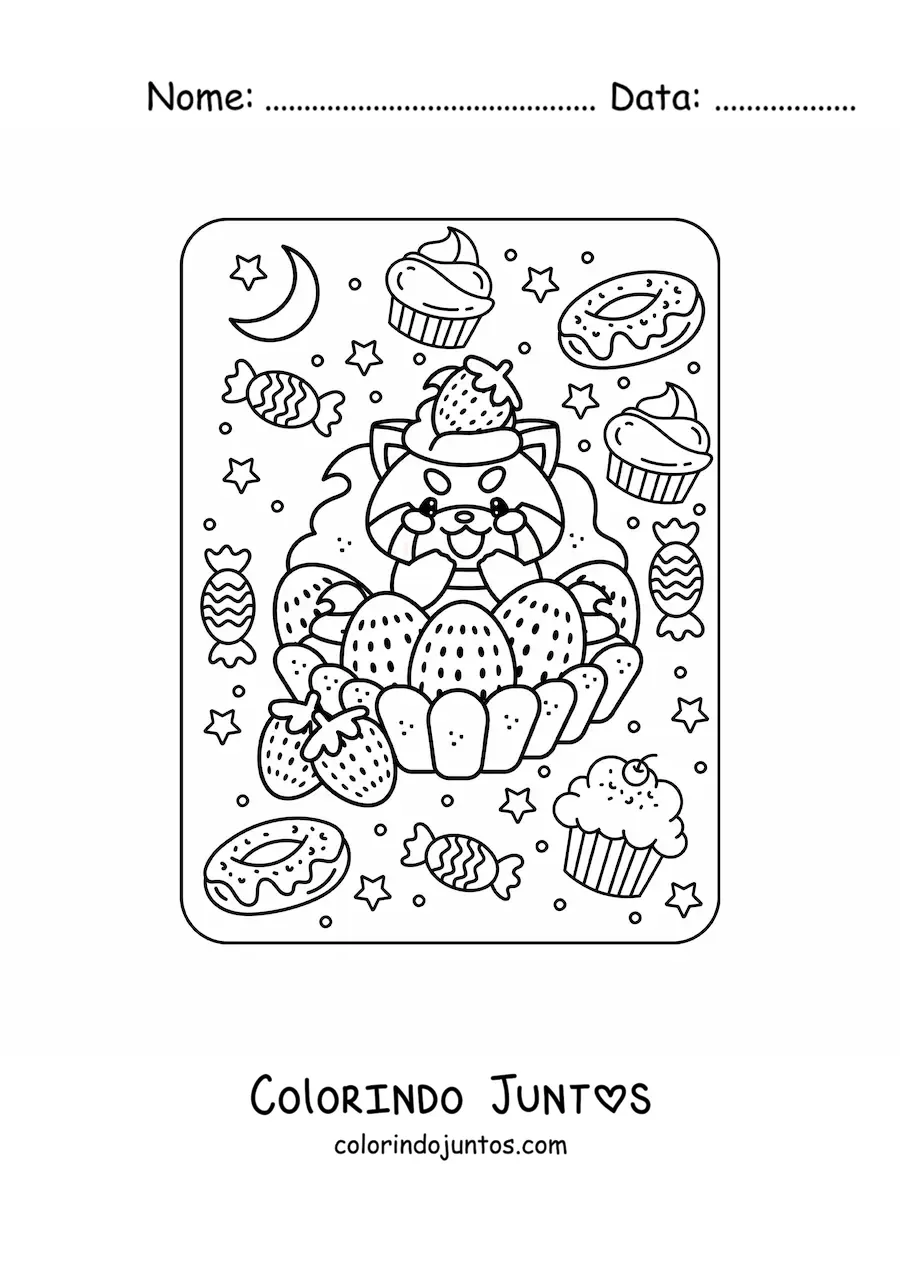 Desenho para colorir de panda-vermelho em um bolo de morango kawaii