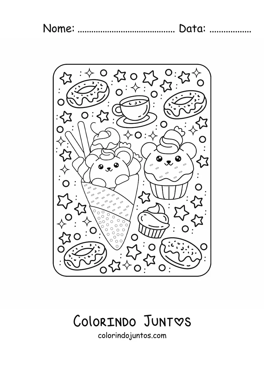 Desenho para colorir de sorvete e cupcake de ursinhos kawaii