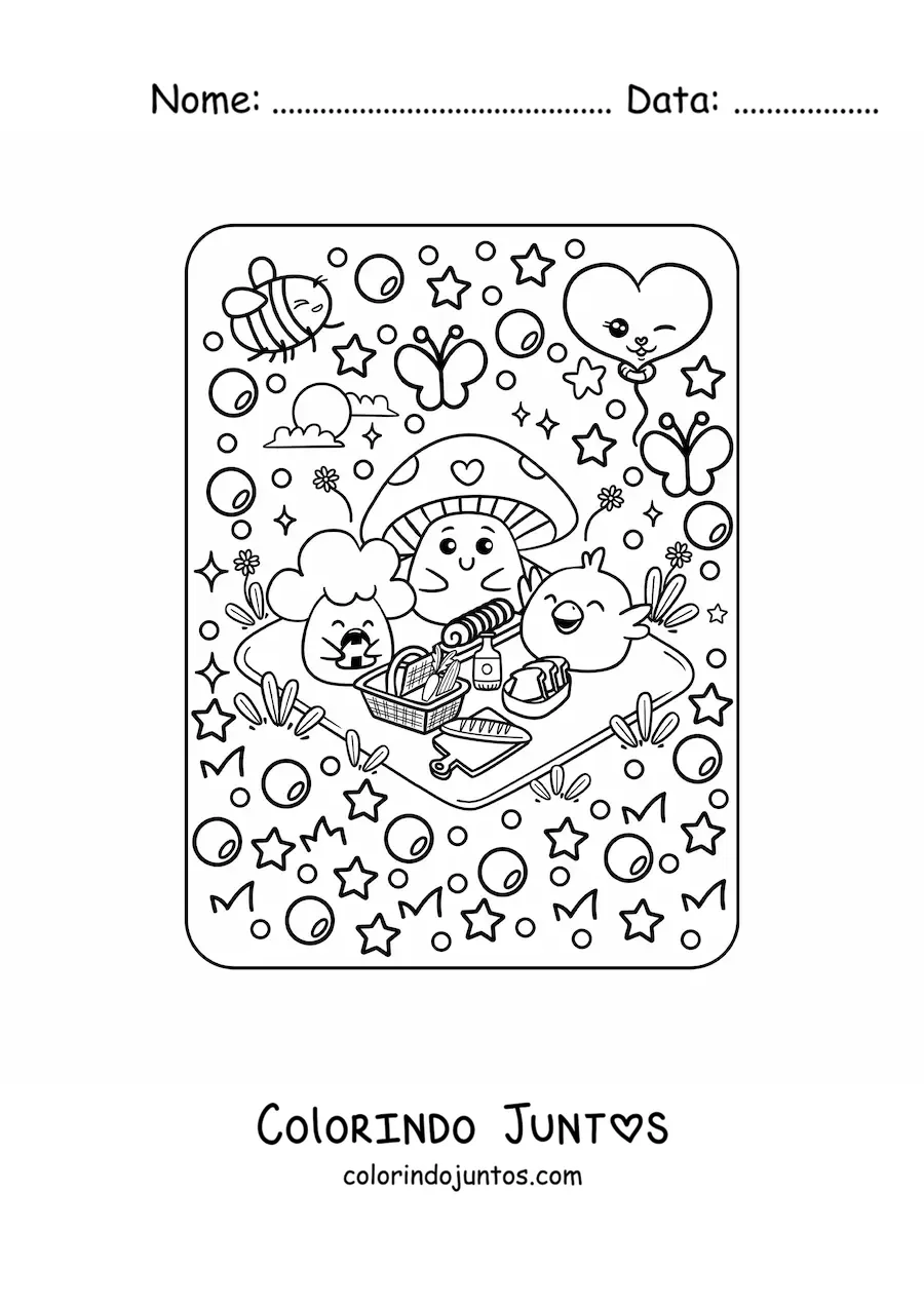 Desenho para colorir de cogumelo e brócolis animados com pintinho kawaii de piquenique