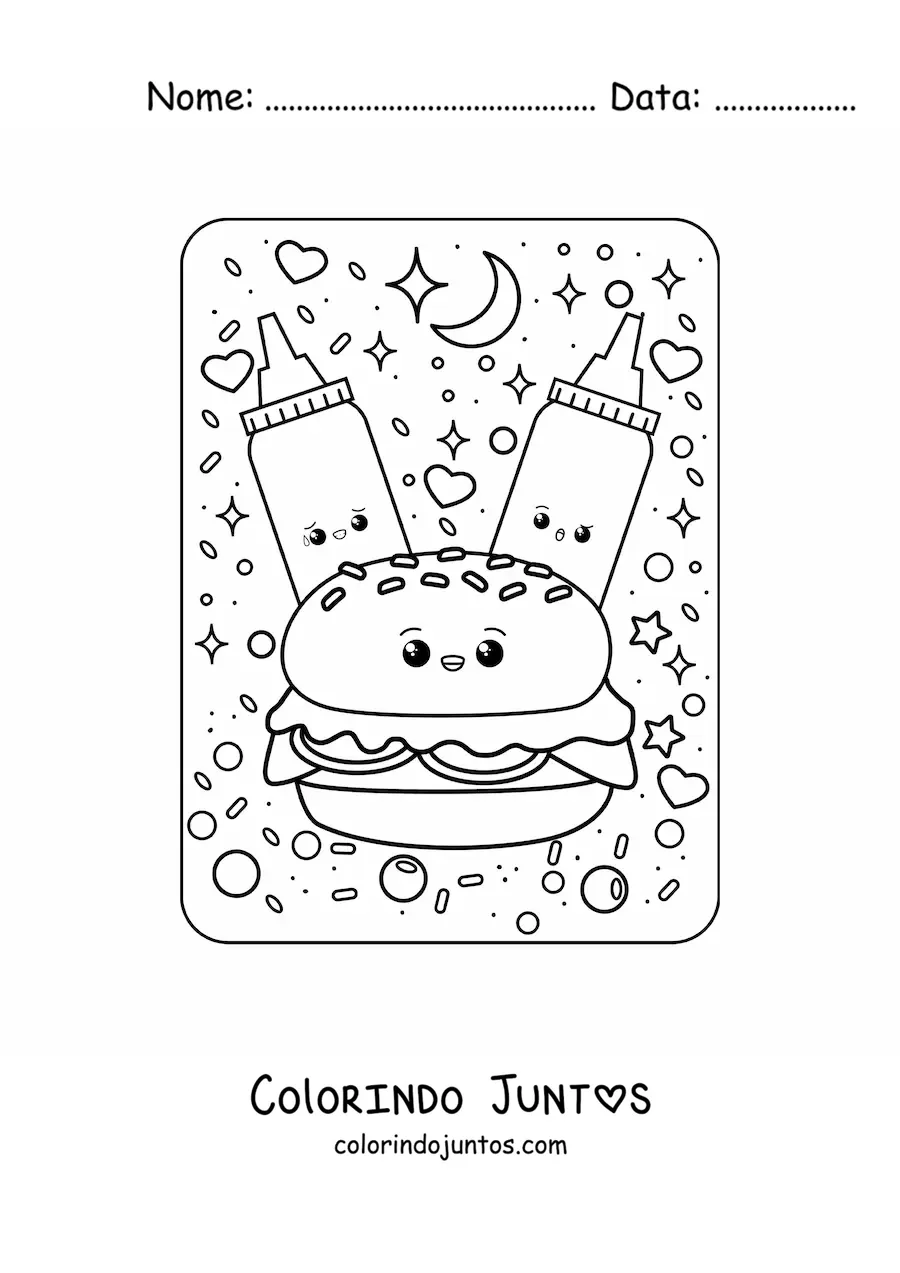 Desenho para colorir de molhos e hambúrguer kawaii grande