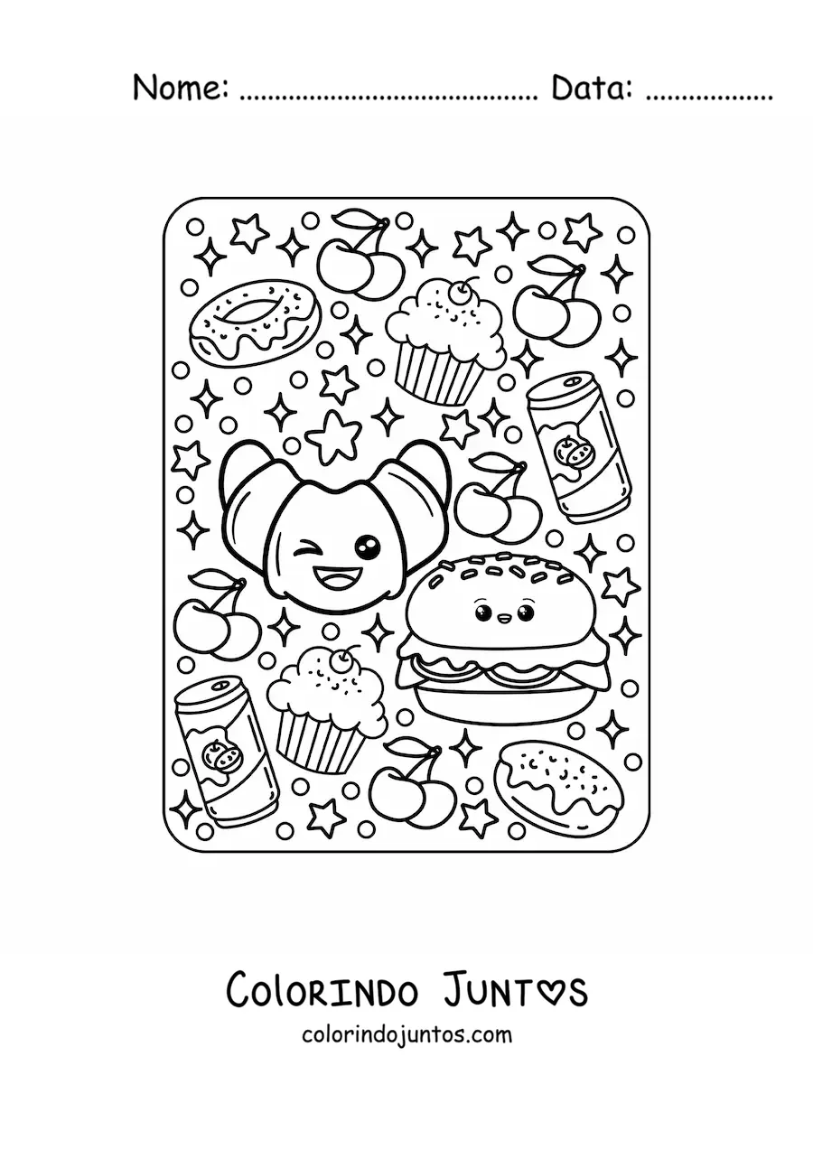Desenho para colorir de croissant e hambúrguer kawaii grande