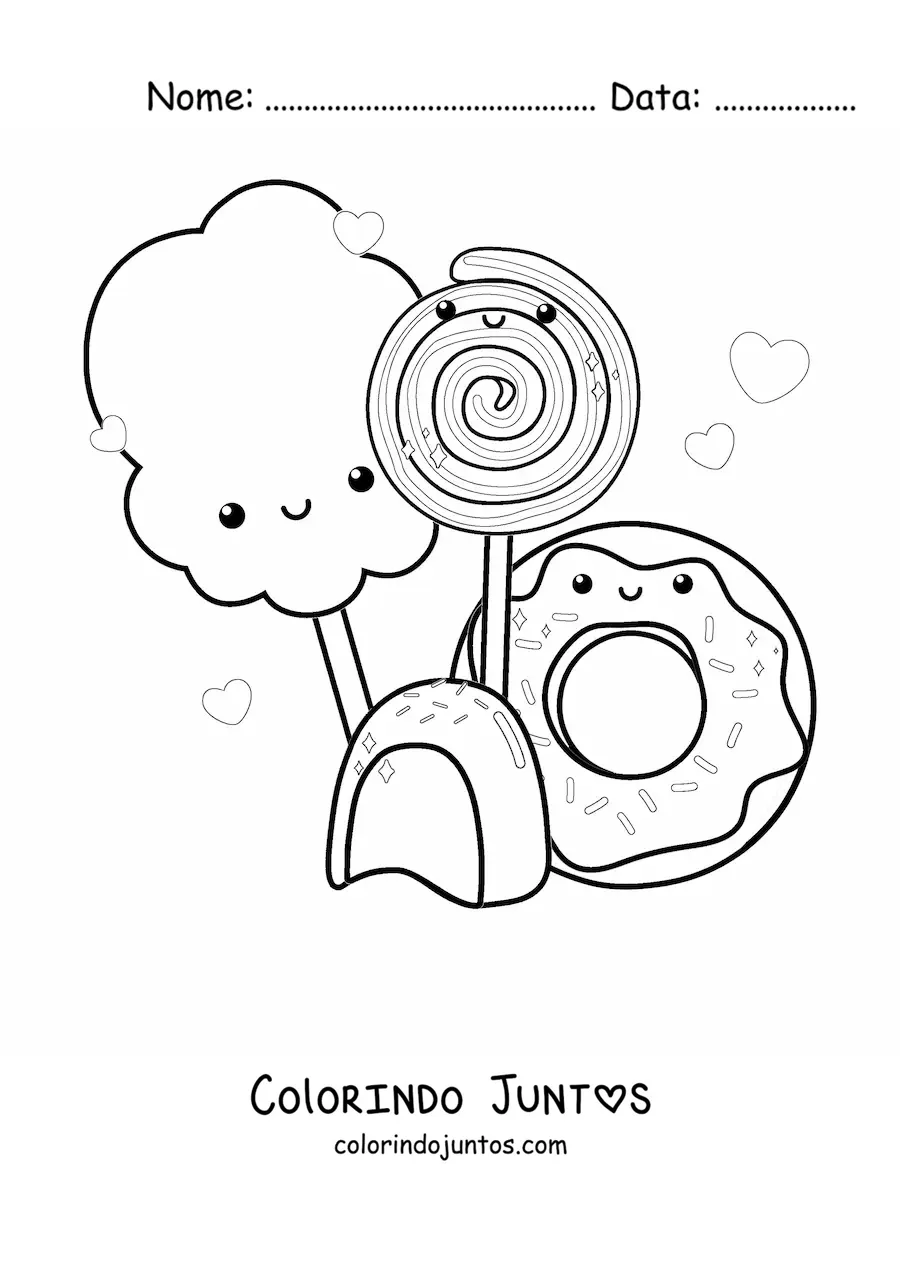 Desenho para colorir de pirulito kawaii com doces