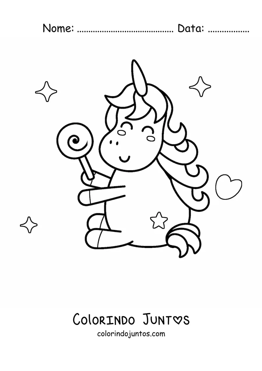 Desenho para colorir de unicórnio kawaii com pirulito
