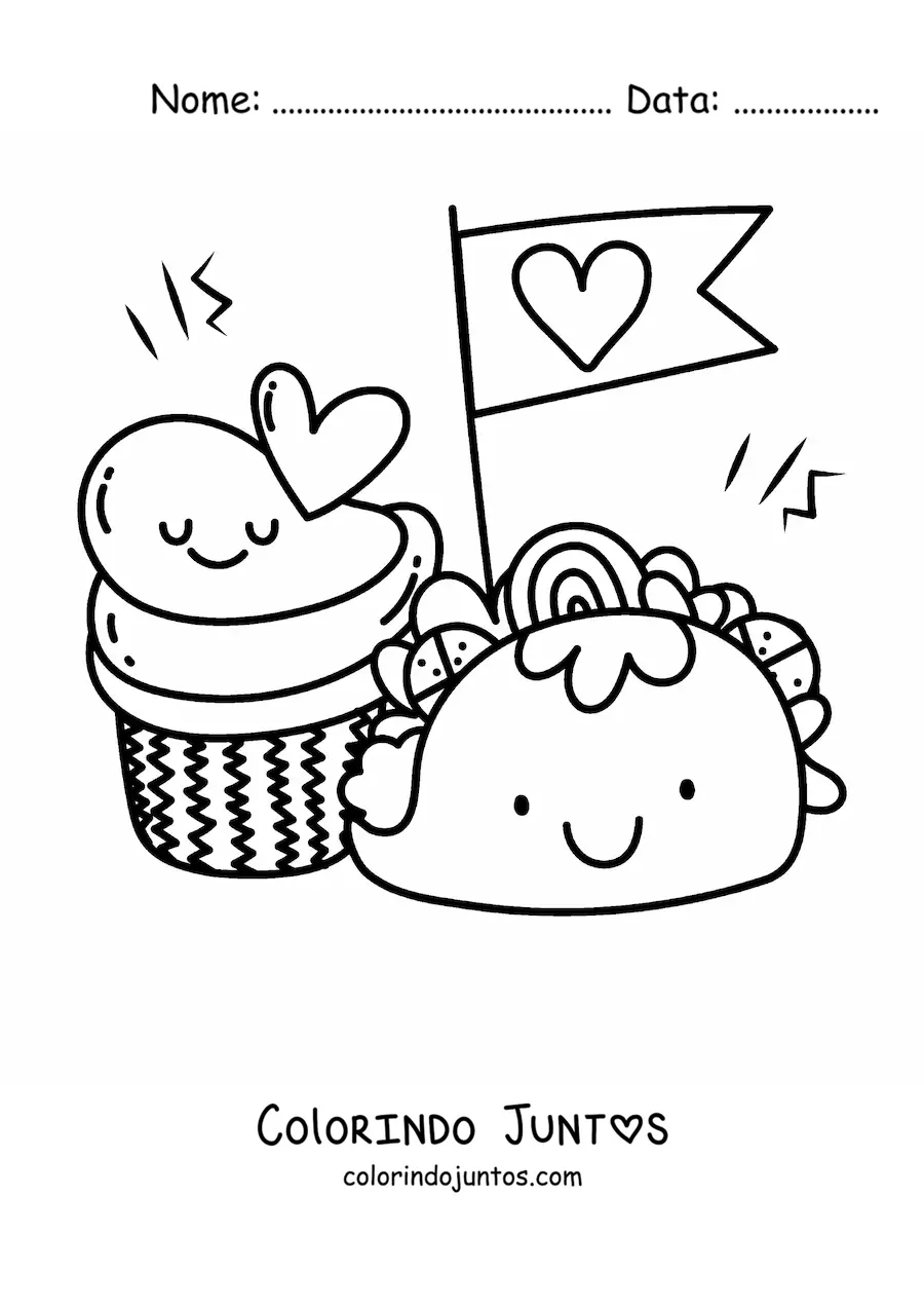 Desenho para colorir de taco kawaii com cupcake