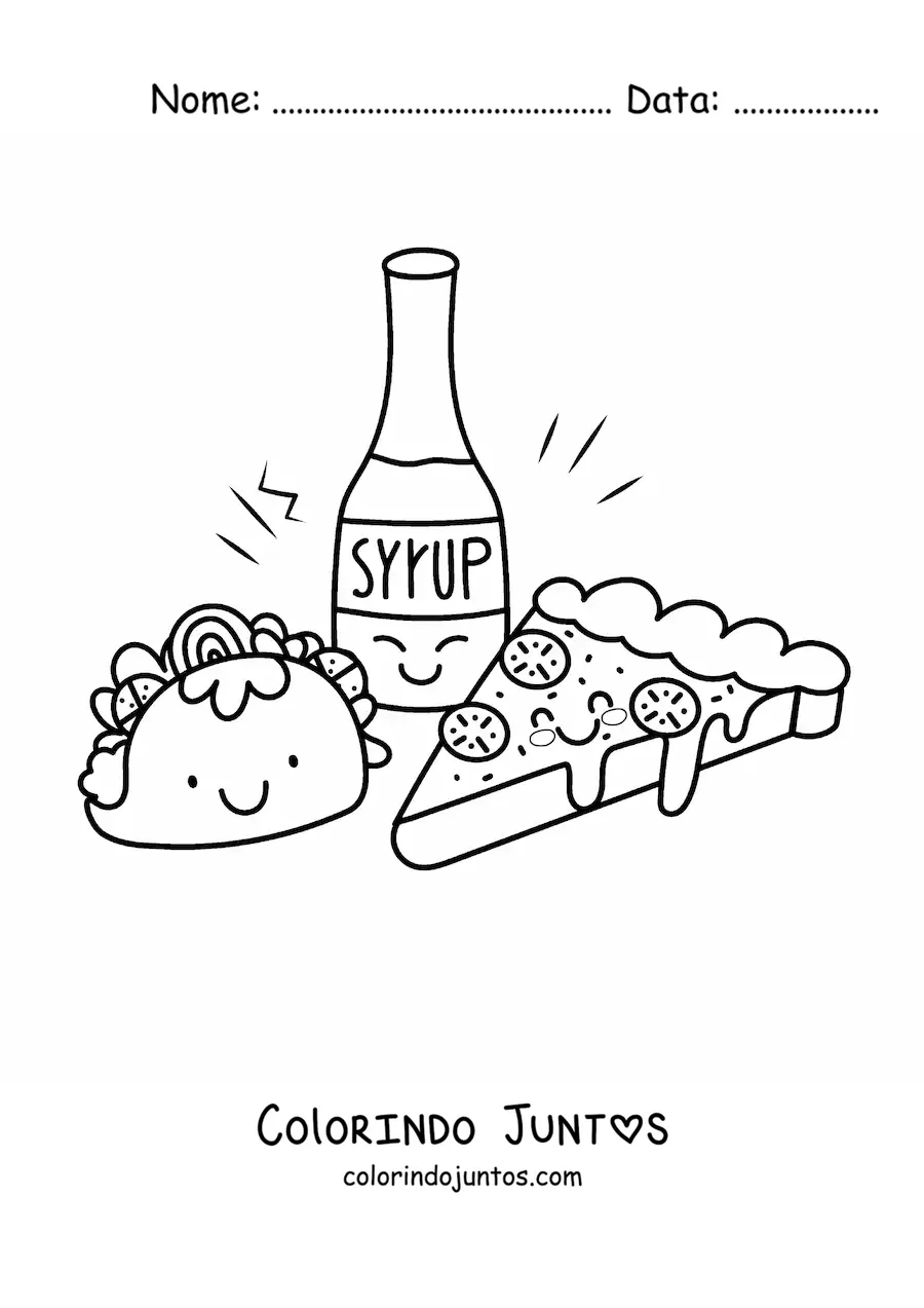 Desenho para colorir de taco kawaii com pizza