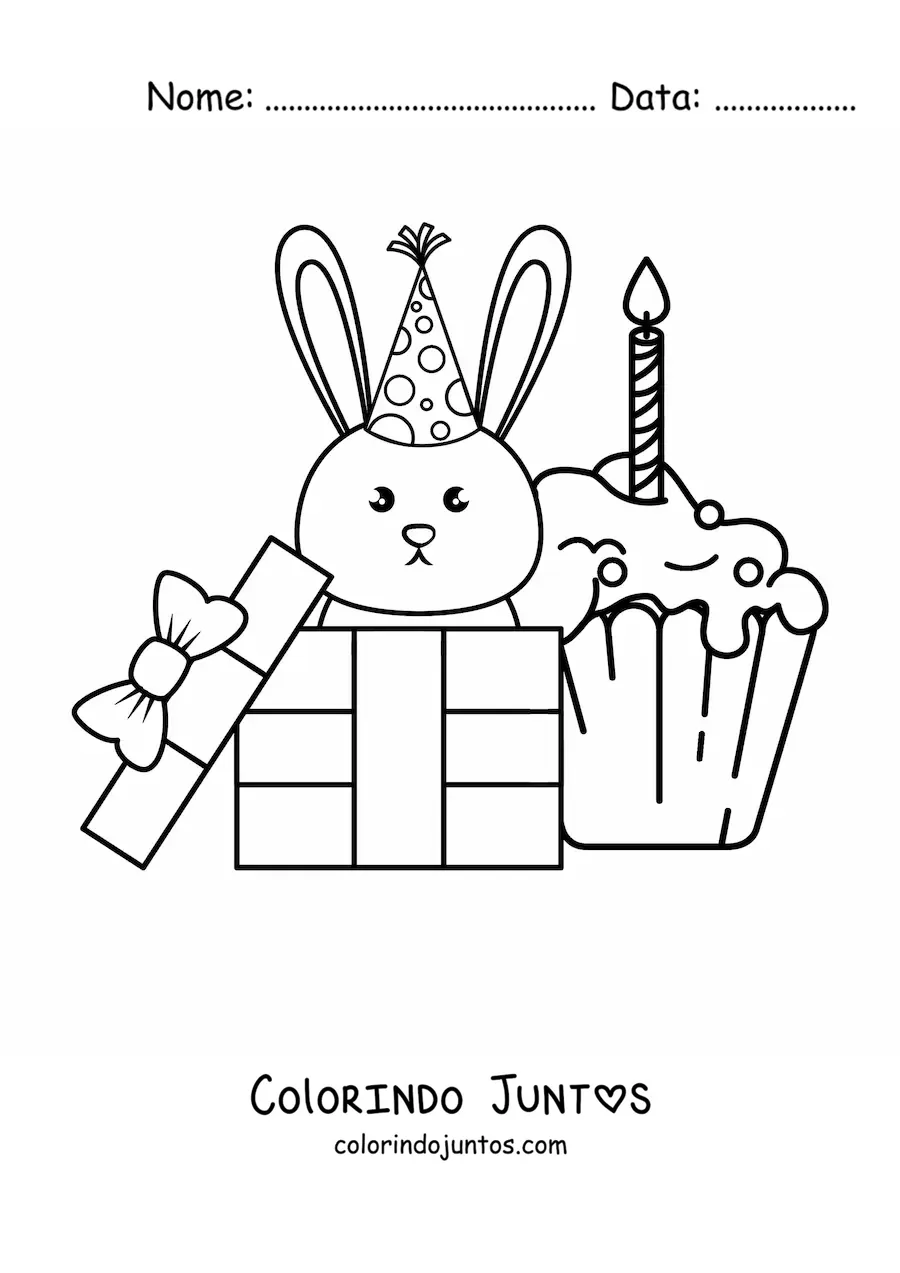 Desenho para colorir de coelho kawaii com cupcake de aniversário