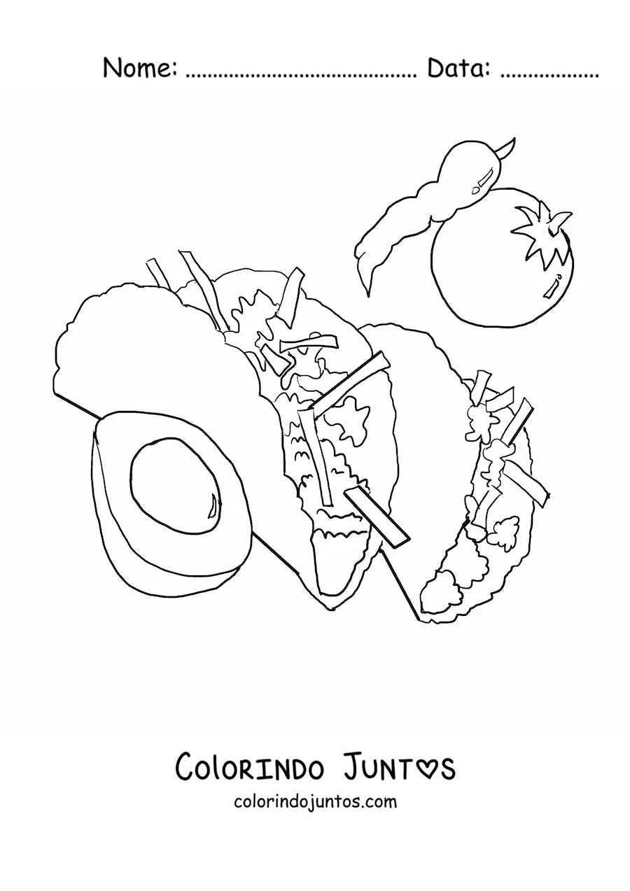 Desenho para colorir de dois tacos com seus ingredientes em volta