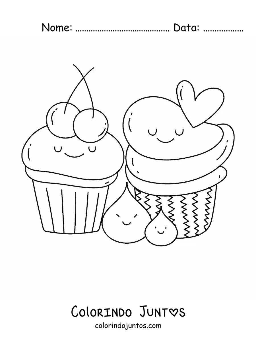 Desenho para colorir de cupcakes kawaii
