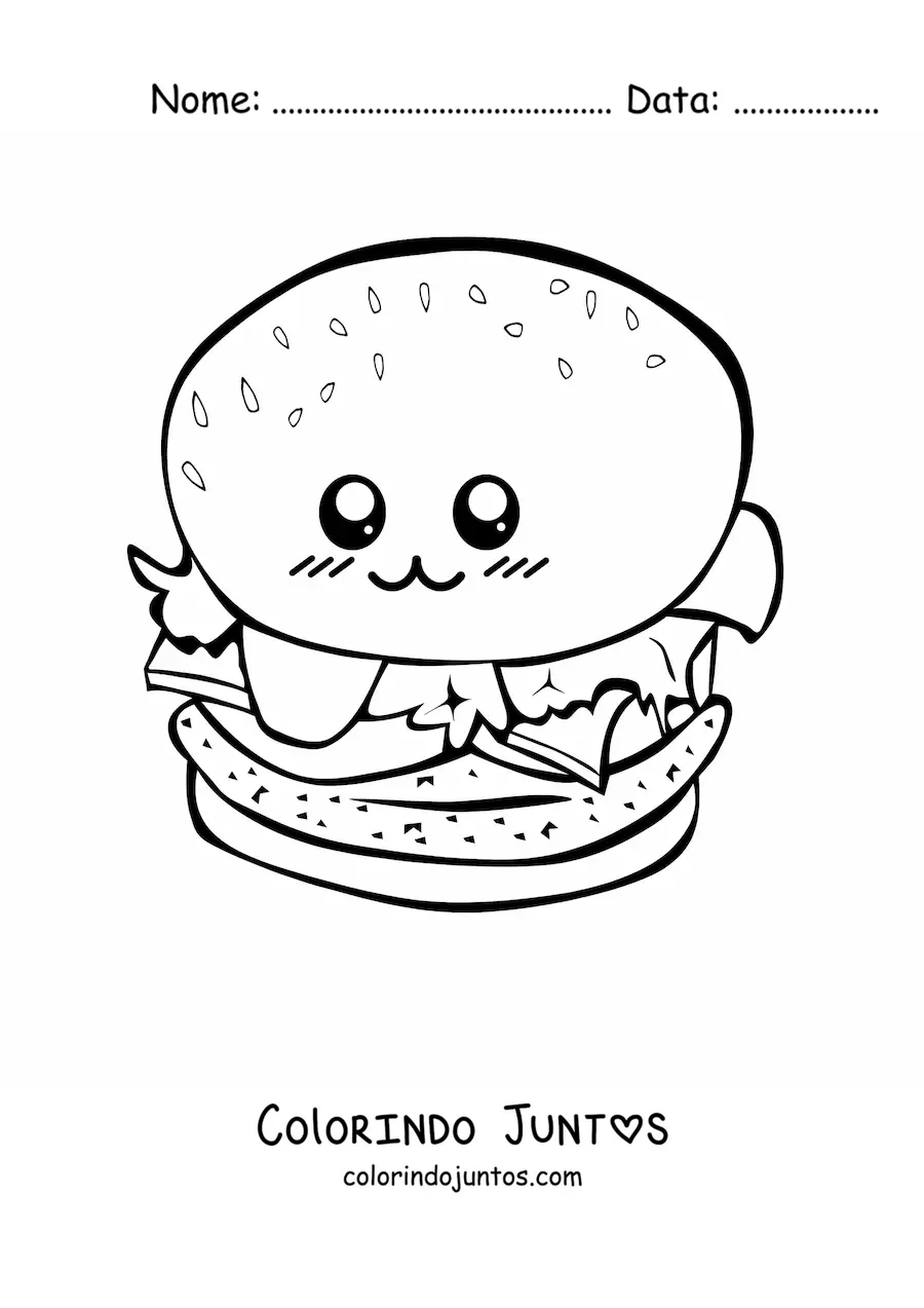 Desenho para colorir de hambúrguer kawaii fácil