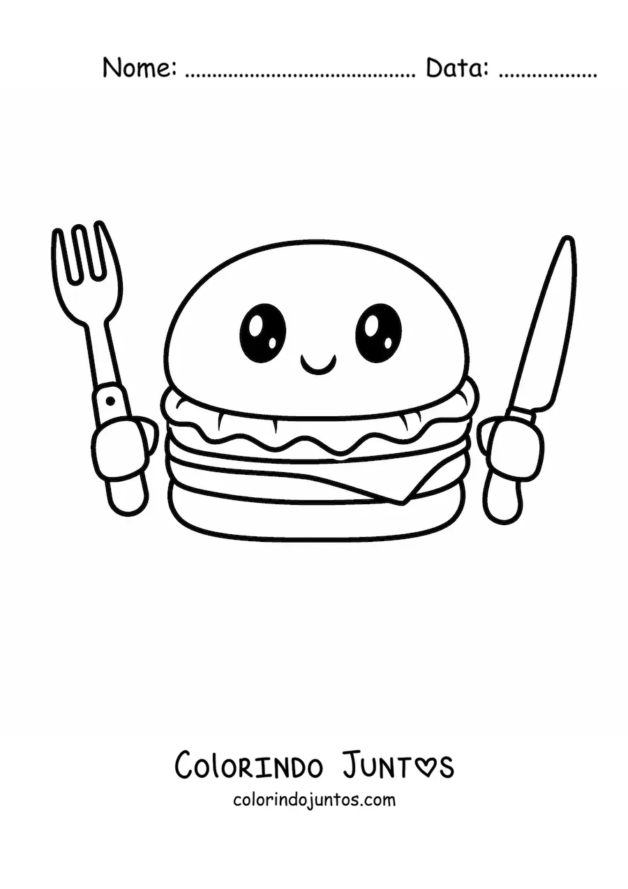 Desenho para colorir de hambúrguer kawaii com talheres