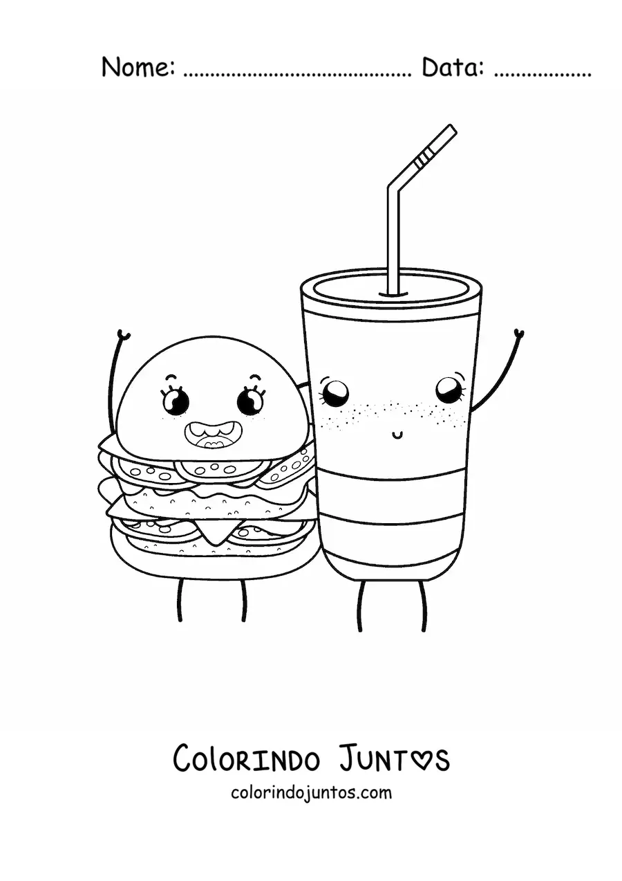 Desenho para colorir de hambúrguer e refrigerante kawaii