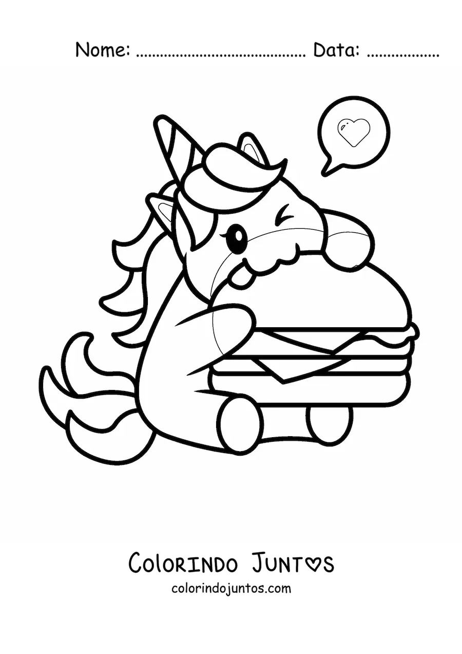 Desenho para colorir de unicórnio kawaii comendo um hambúrguer