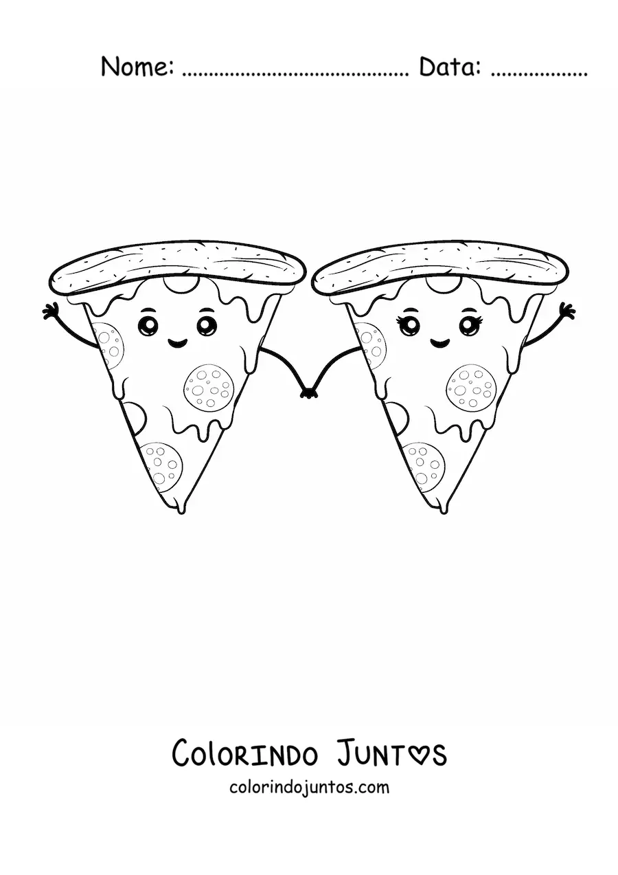 Desenho para colorir de fatias de pizza kawaii