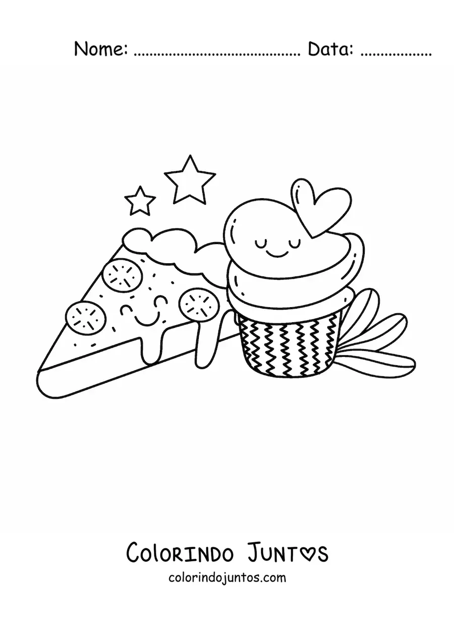 Desenho para colorir de pizza e cupcake kawaii