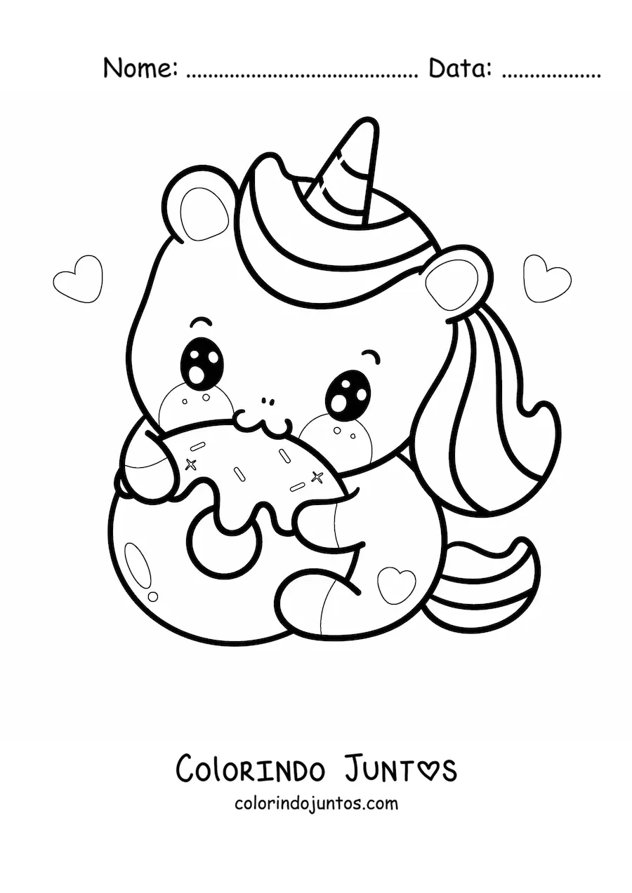 Desenho para colorir de unicórnio kawaii comendo uma rosquinha