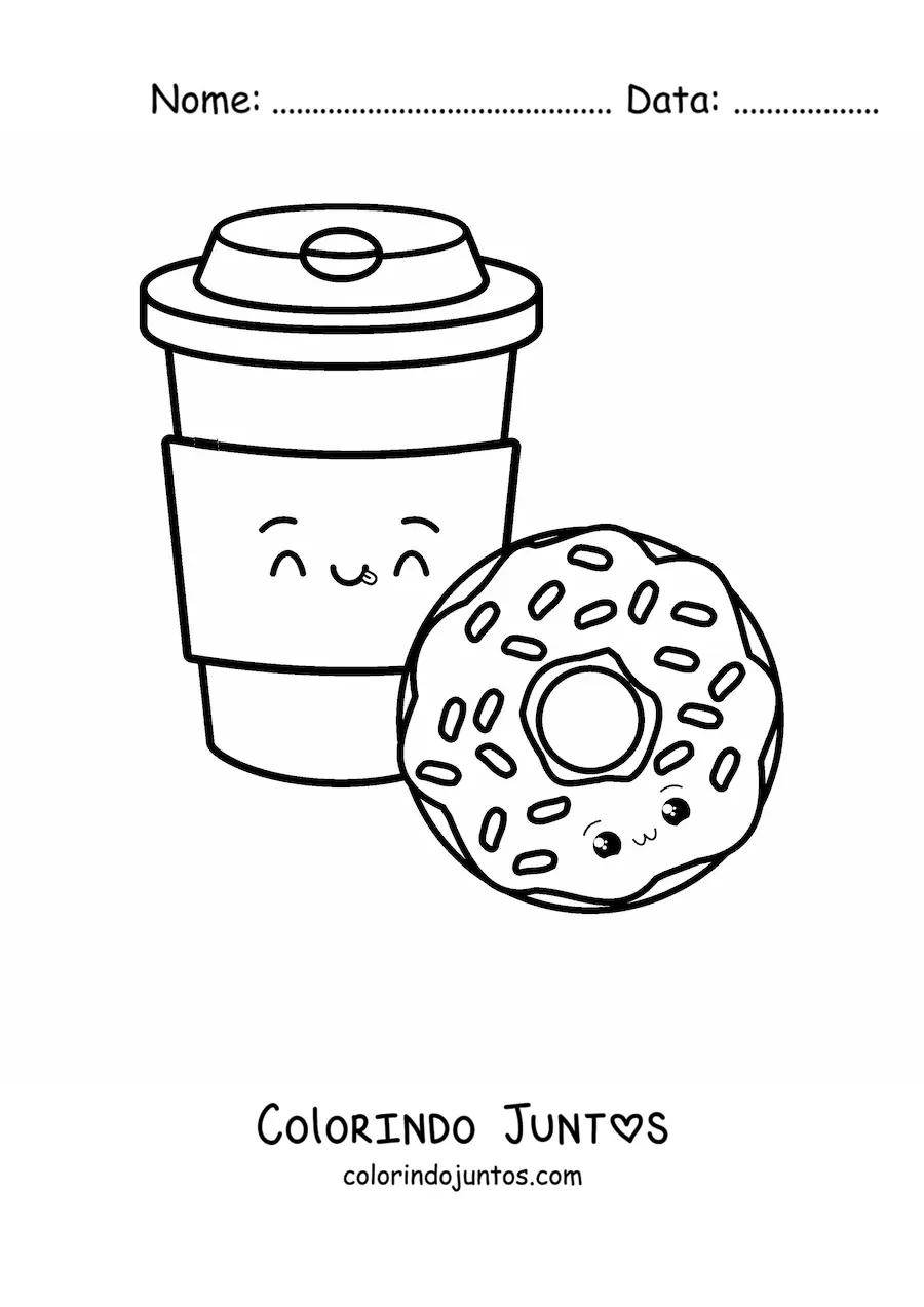 Desenho para colorir de rosquinha e café kawaii