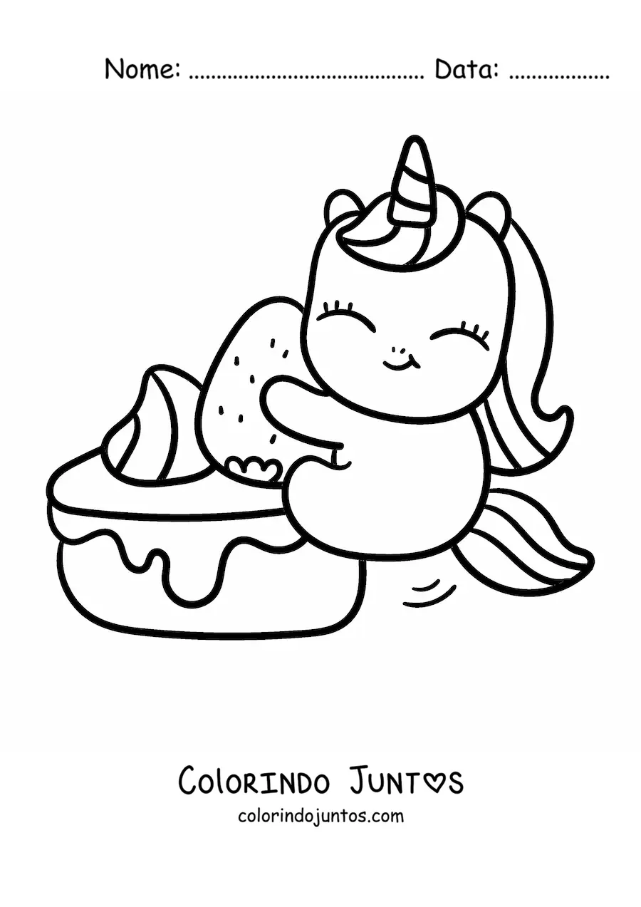 Desenho para colorir de unicórnio kawaii com bolo de morango