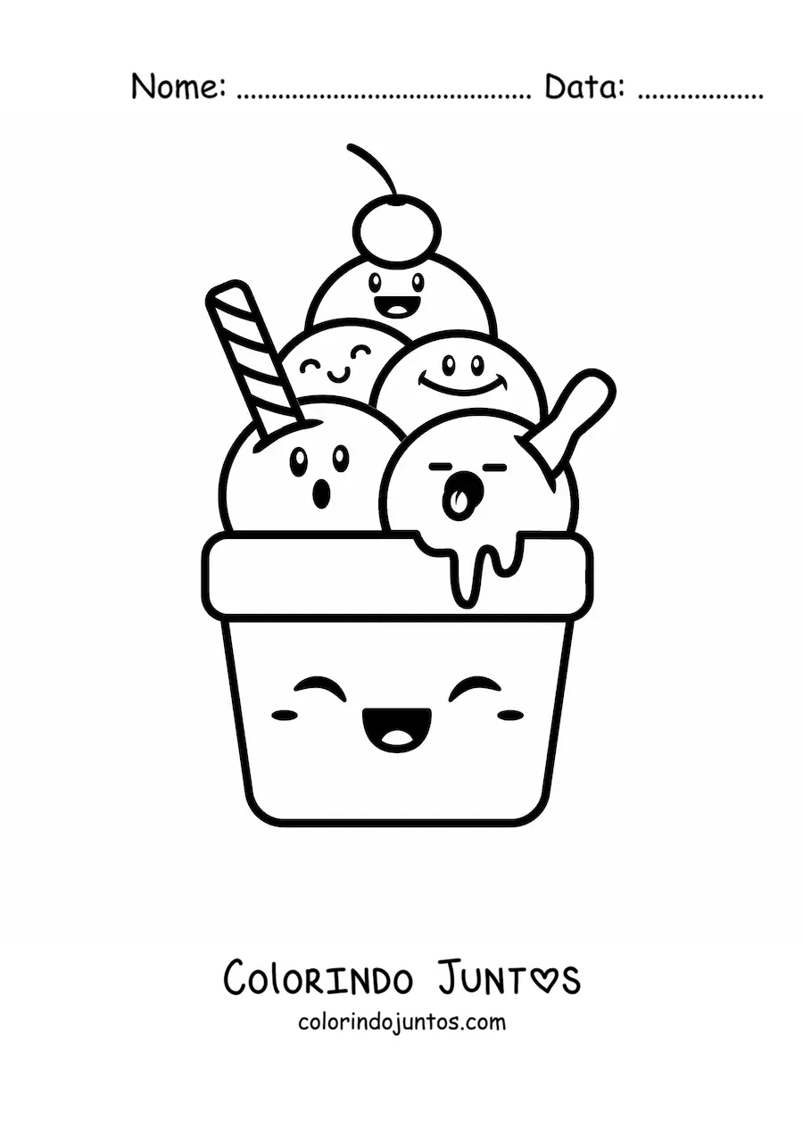 Desenho para colorir de sorvete animado kawaii