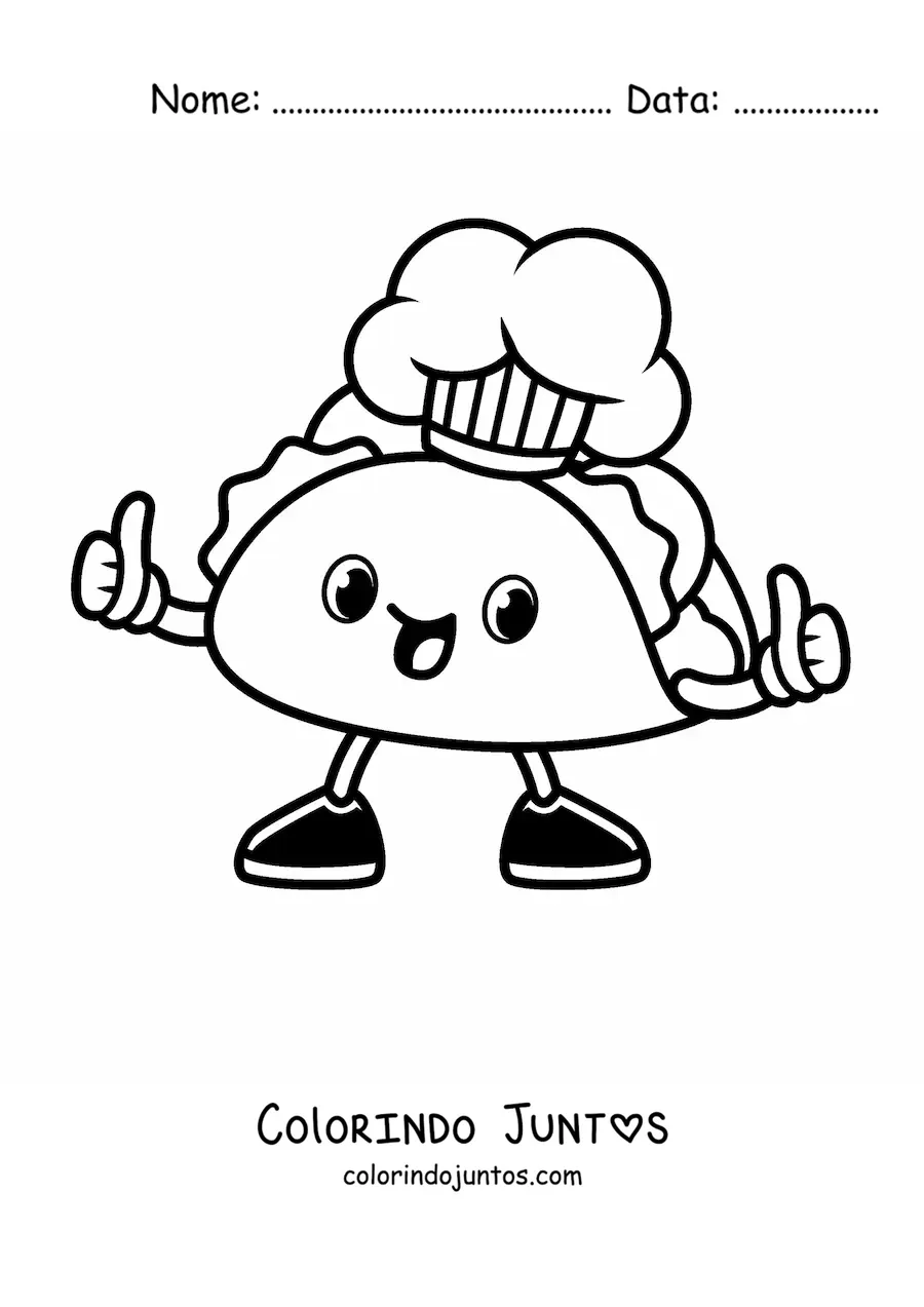 Desenho para colorir de um chef taco animado com os polegares para cima