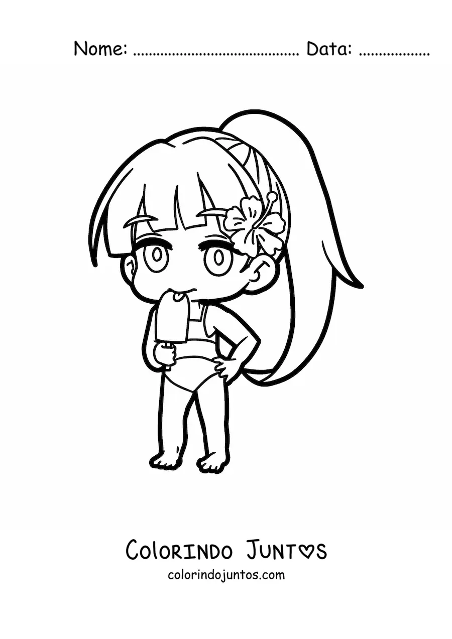 Desenho para colorir de boneca japonesa kawaii de biquíni comendo um picolé