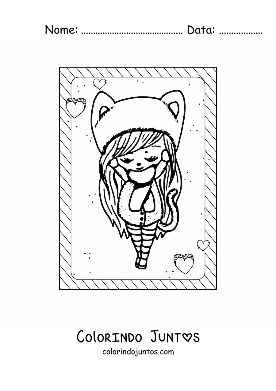 Desenho para colorir de boneca kawaii com gorro de orelhas de gato