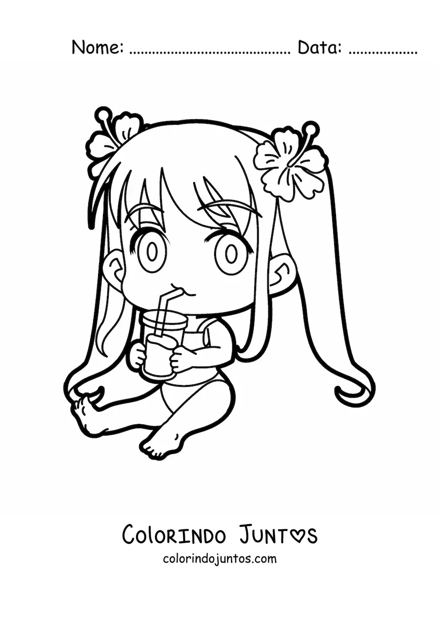Desenho para colorir de menina kawaii sentada de maiô com uma bebida