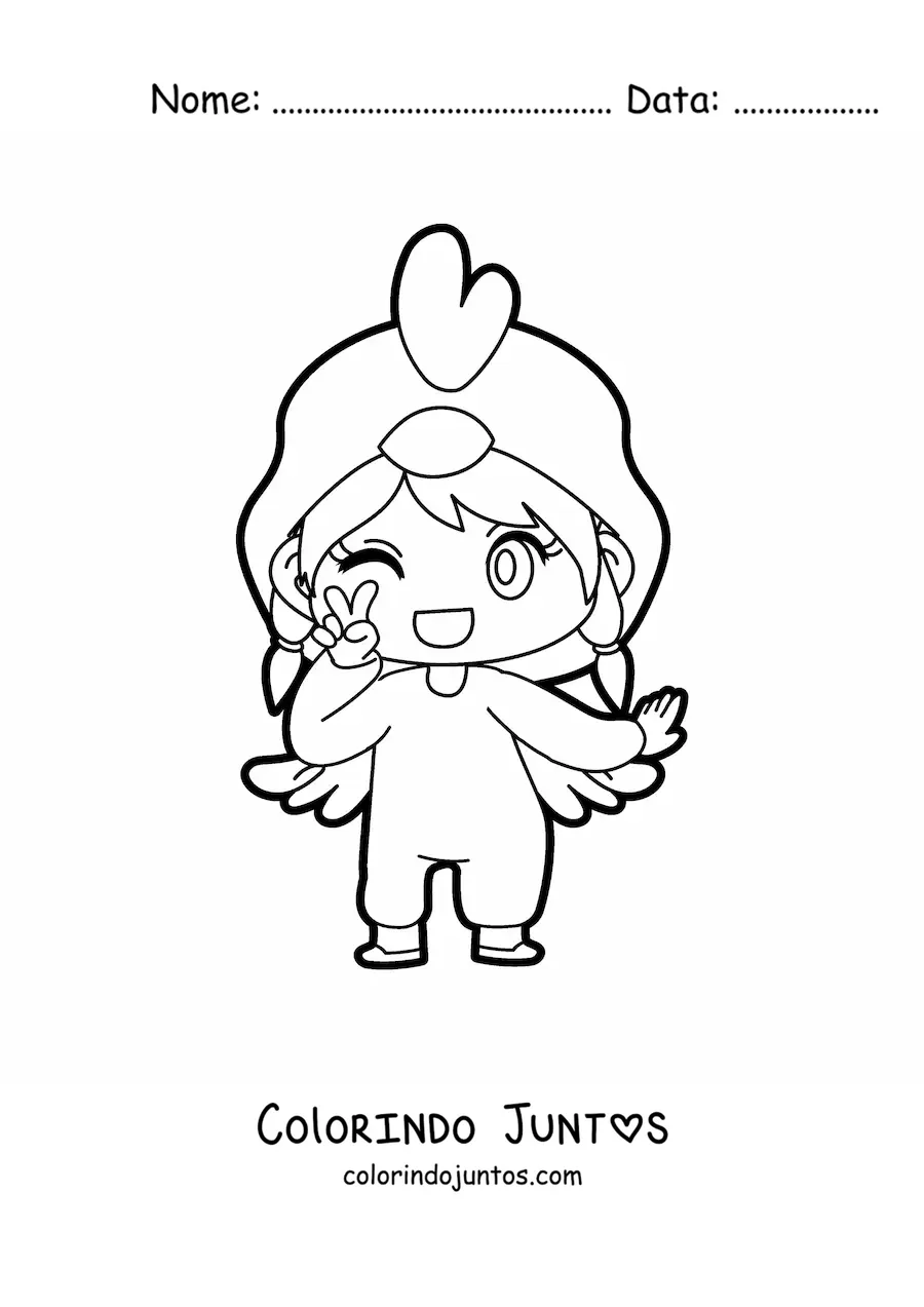 Desenho para colorir de boneca kawaii com fantasia de galinha