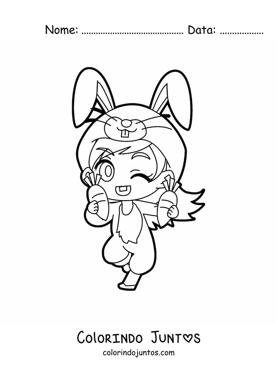 Desenho para colorir de boneca kawaii com fantasia de coelho