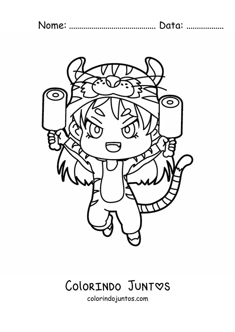 Desenho para colorir de boneca kawaii com fantasia de tigre