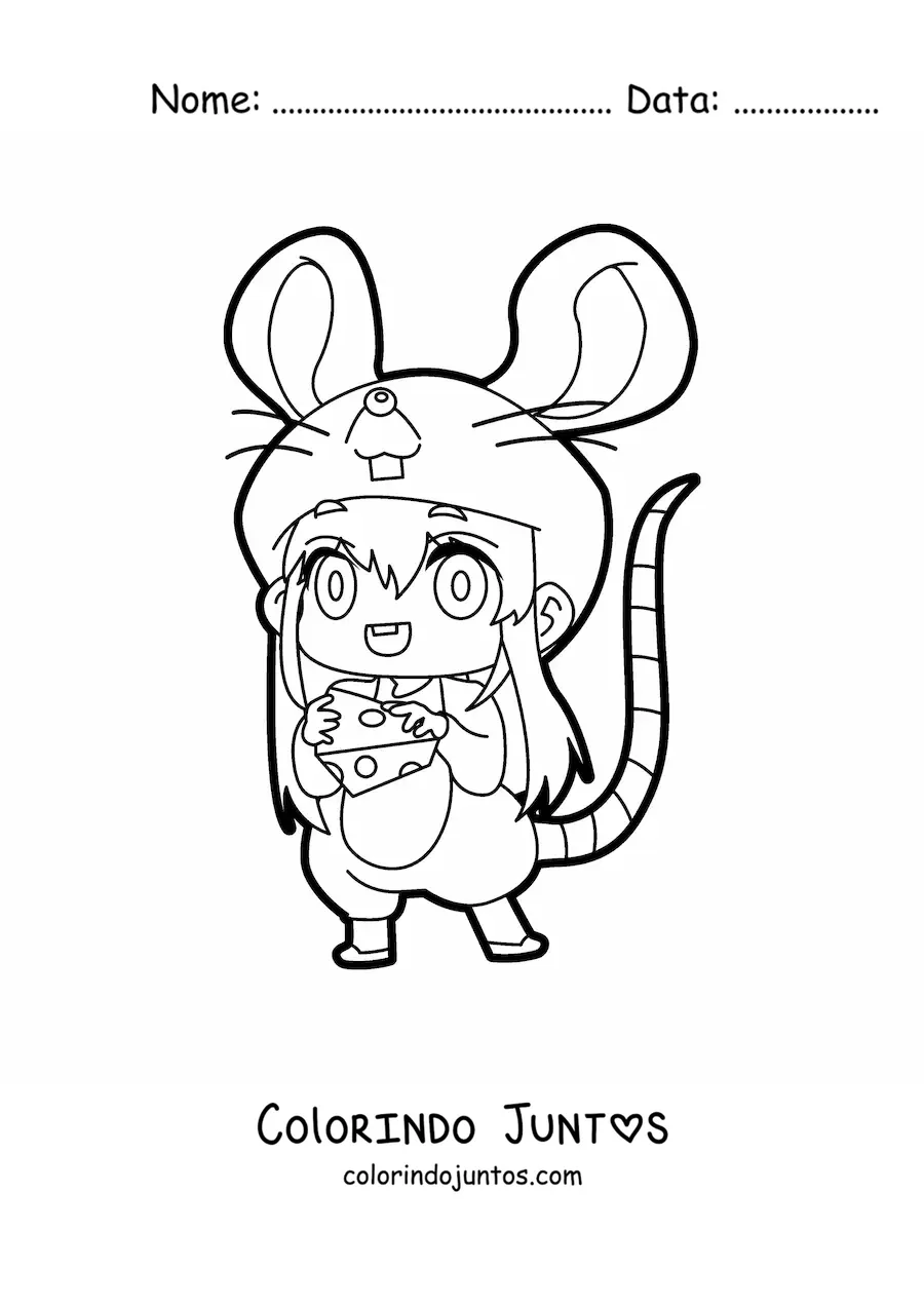 Desenho para colorir de boneca kawaii com fantasia de rato