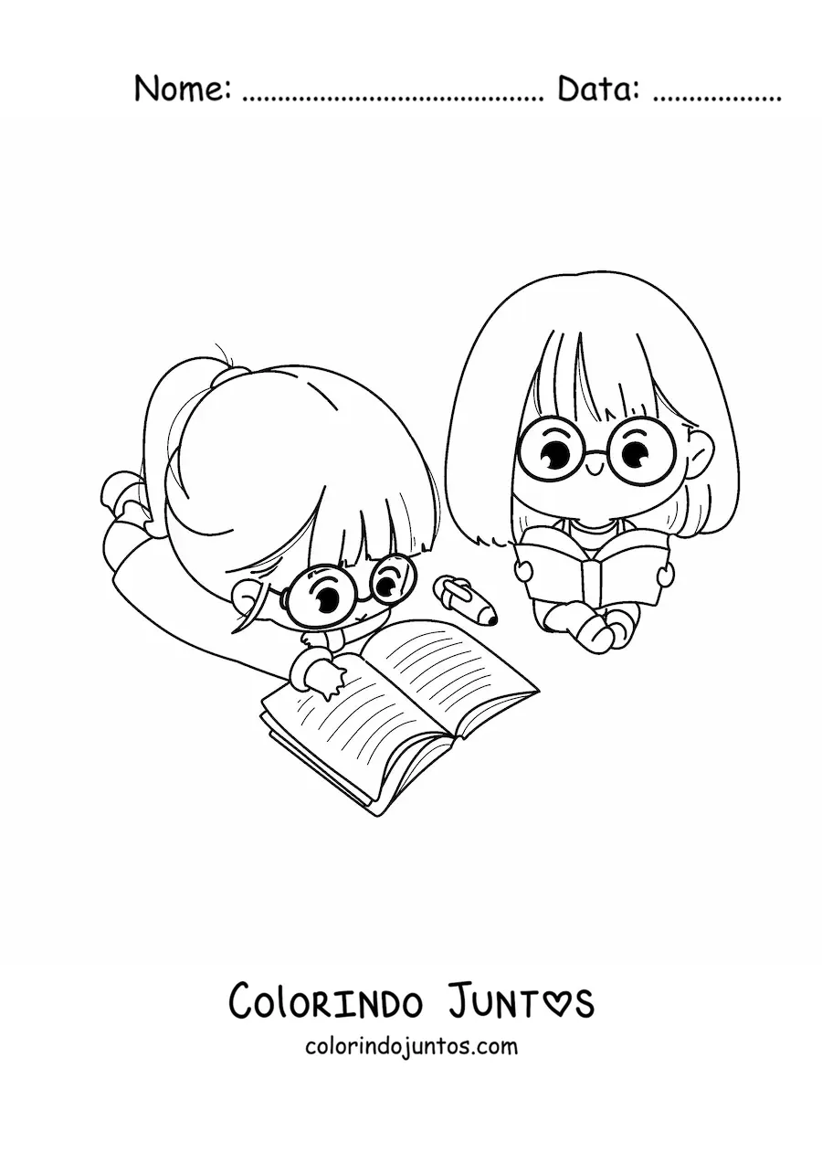 Desenho para colorir de meninas kawaii estudando