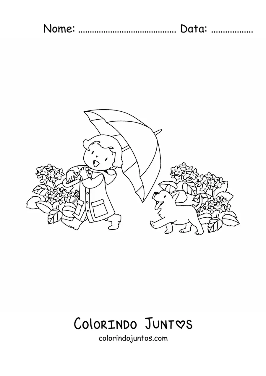 Desenho para colorir de menina kawaii com cachorro