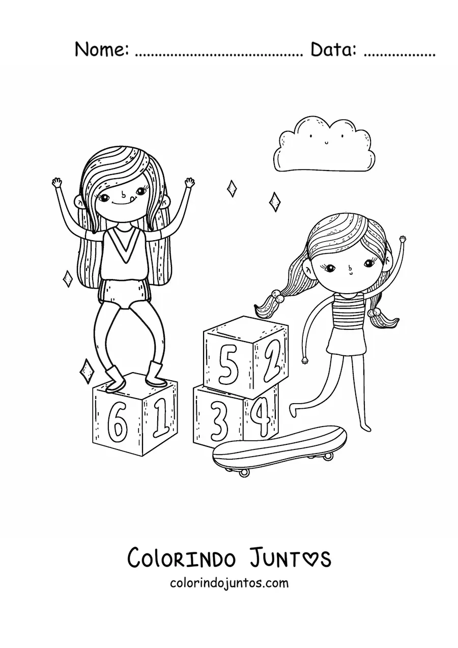 Desenho para colorir de meninas brincando com skate
