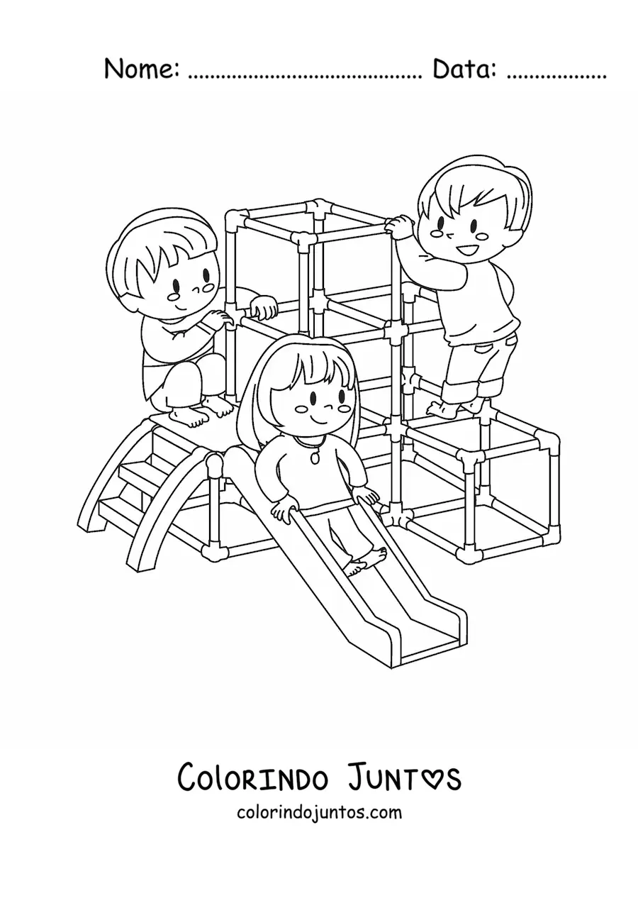 Desenho para colorir de menina e meninos brincando no parque