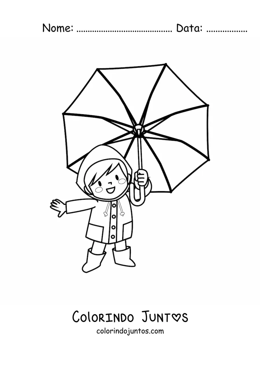Desenho para colorir de menino kawaii com sombrinha